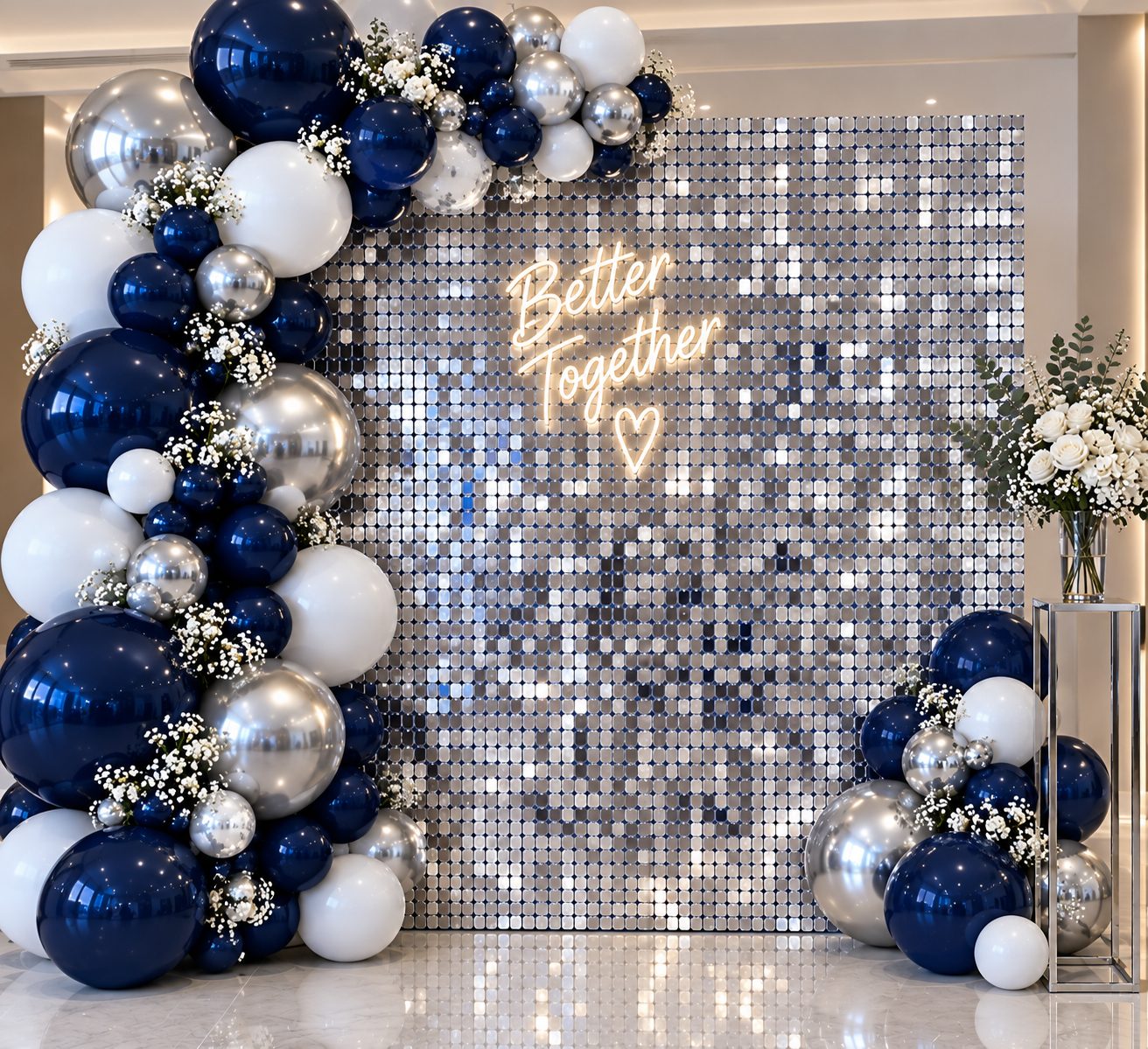 Silver Shimmer Wall with Navy Garland
